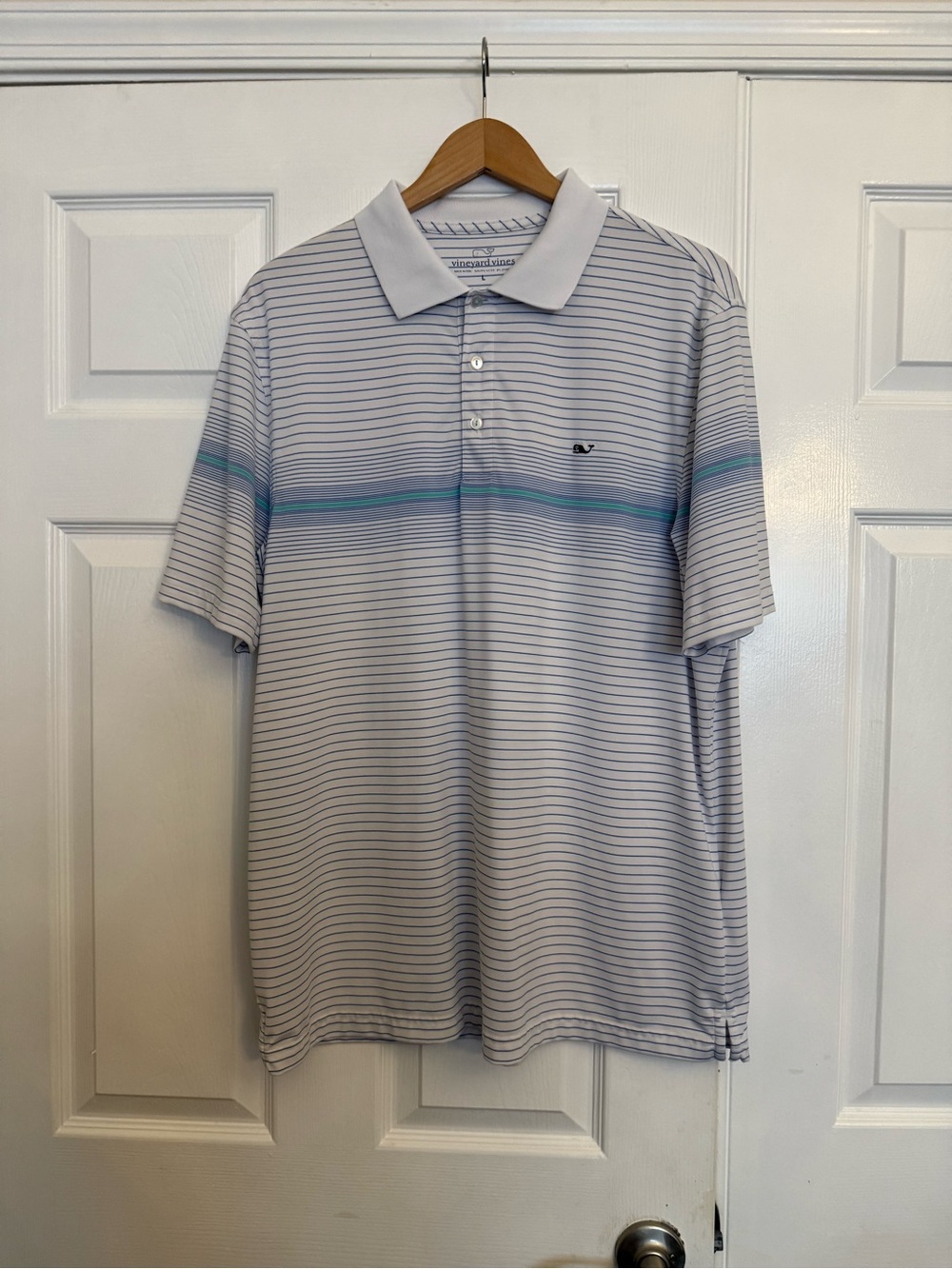 Vineyard Vines Men’s White Polo with Turquoise and Navy Stripes
